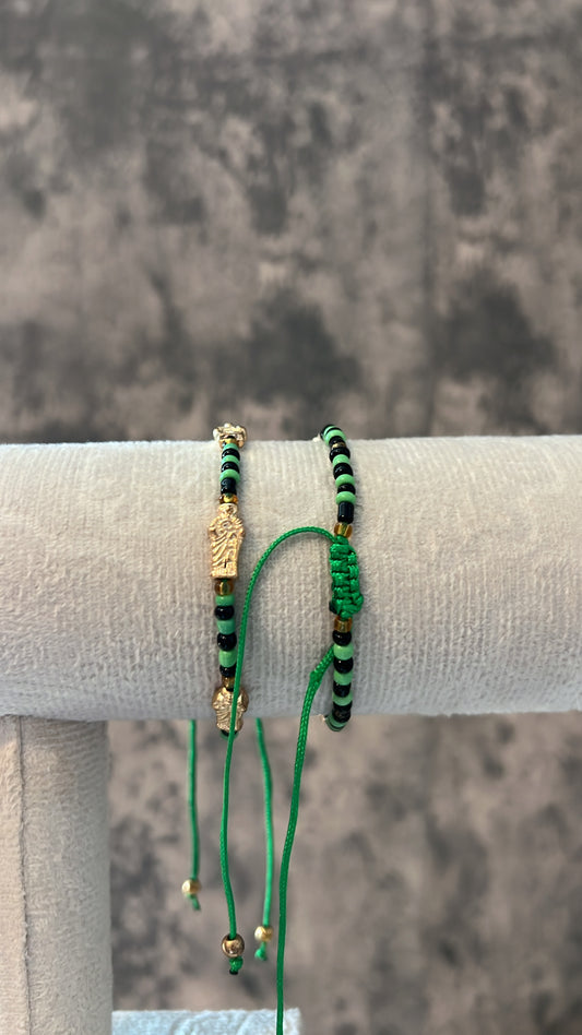 San Judas green black beaded bracelet