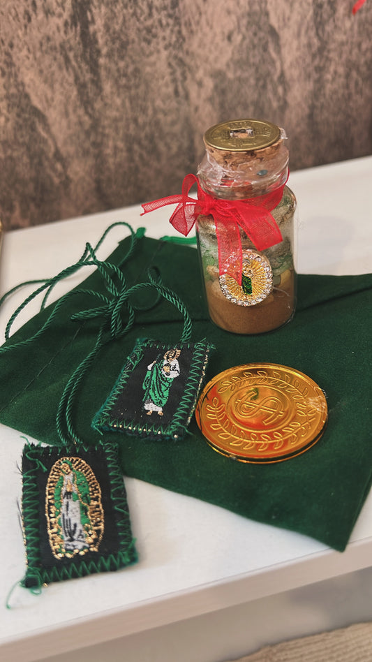 San Judas abundance jar with escapulario