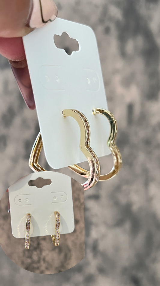 Pink stones gold laminated hearts earrings