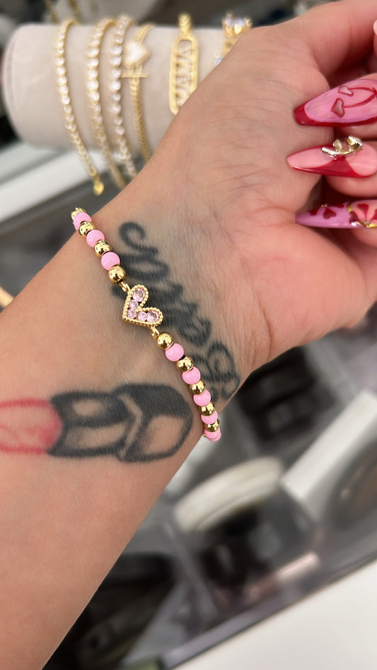 Pink heart stretch gold laminated bracelet