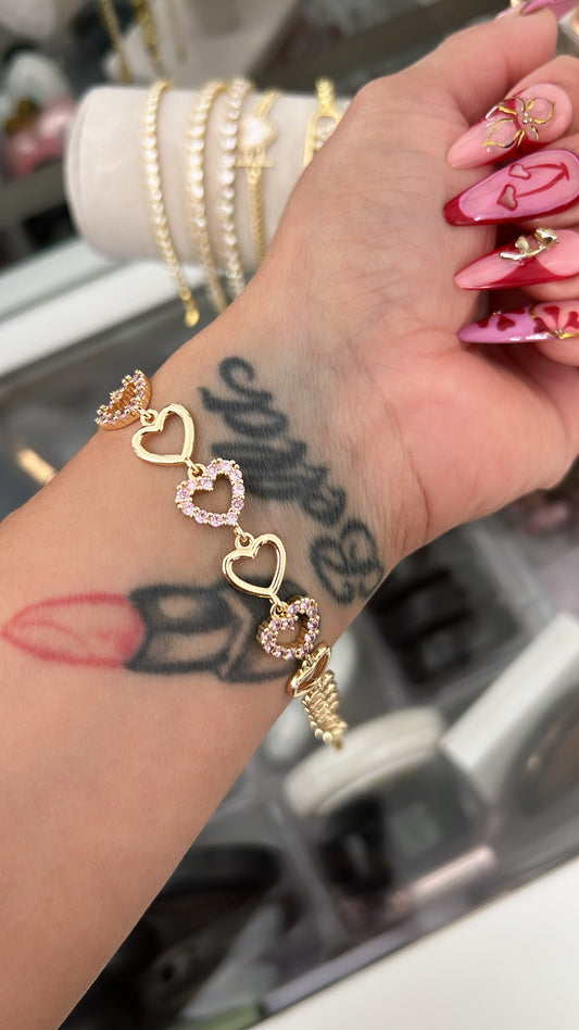 Pink hearts gold laminated bracelet