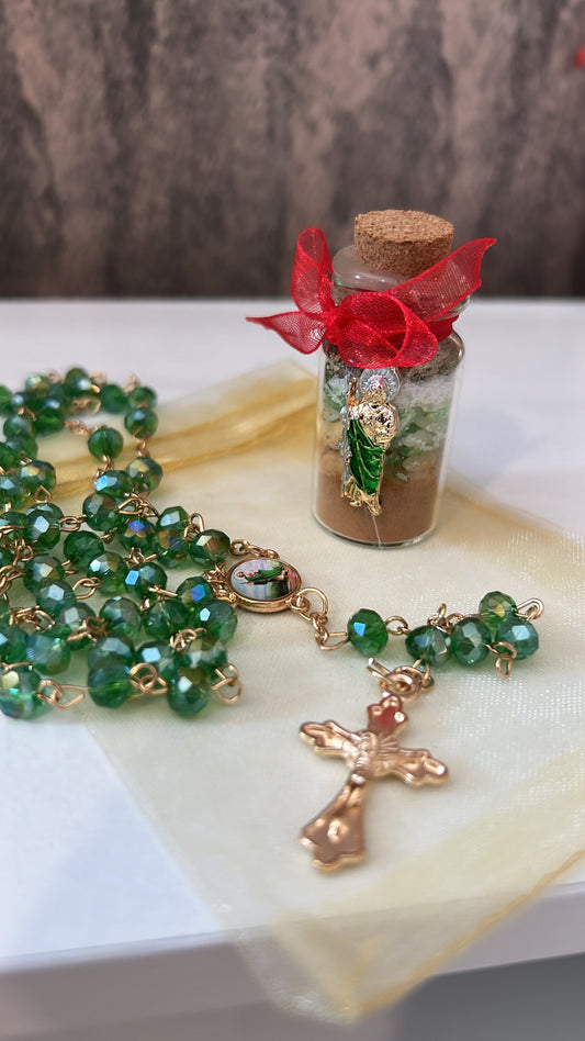 San Judas abundance jar with rosary