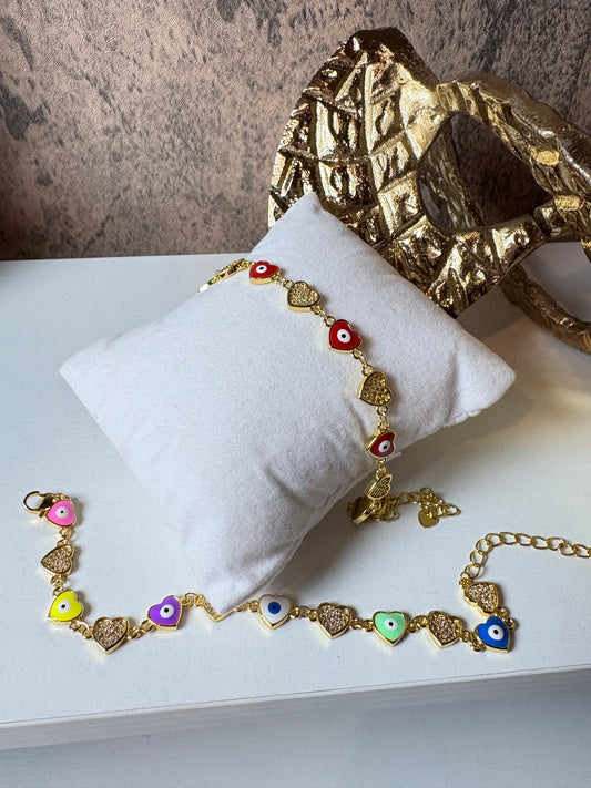 Evil eyes hearts gold laminated bracelet