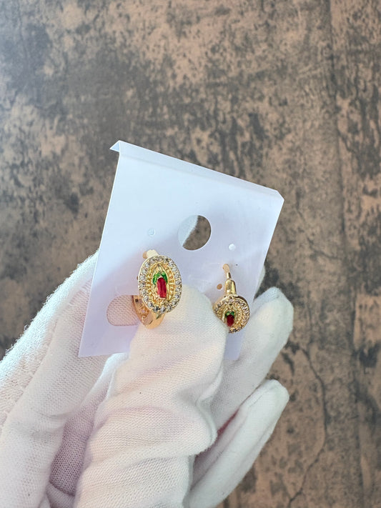 Virgin Mary small gold laminated hoops