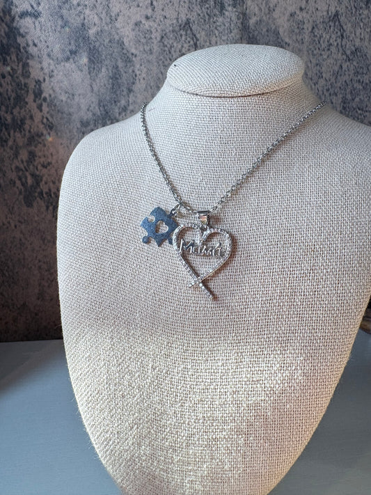 Autism mama silver laminated necklace