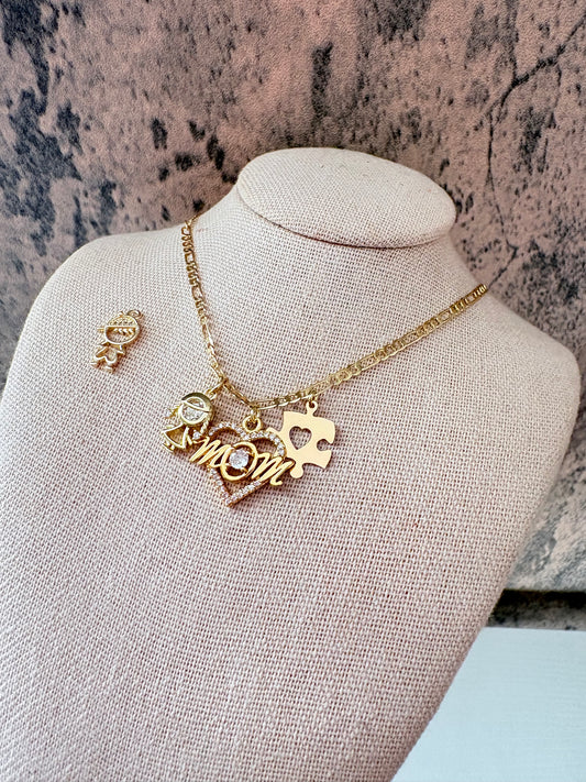 Autism mom heart gold laminated necklace