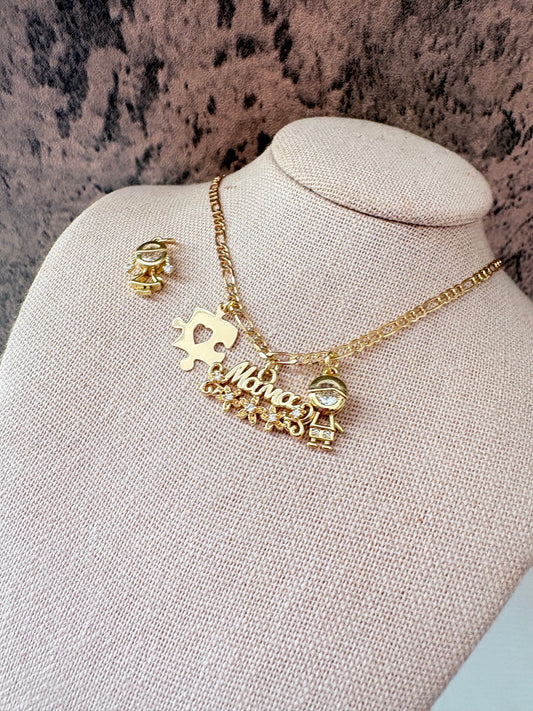 Autism mama flowers gold laminated necklace