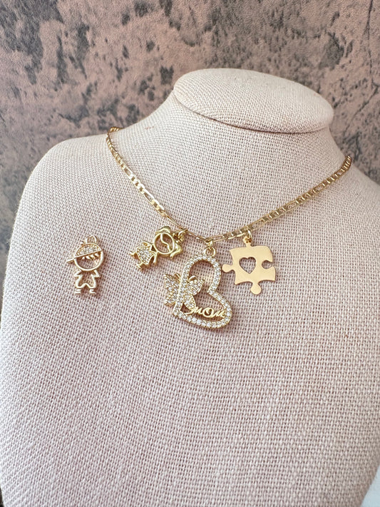 Autism mom butterfly gold laminated necklace