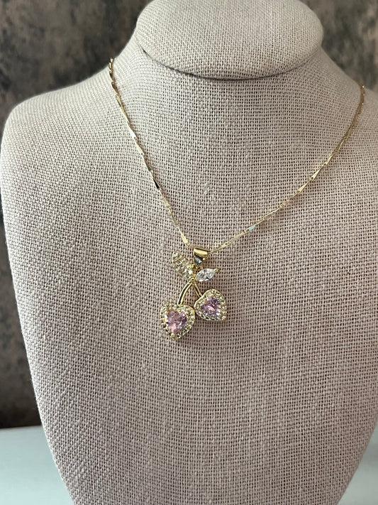 Pink cherries gold laminated necklace