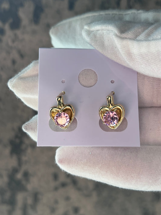 Pink heart small hoops gold laminated