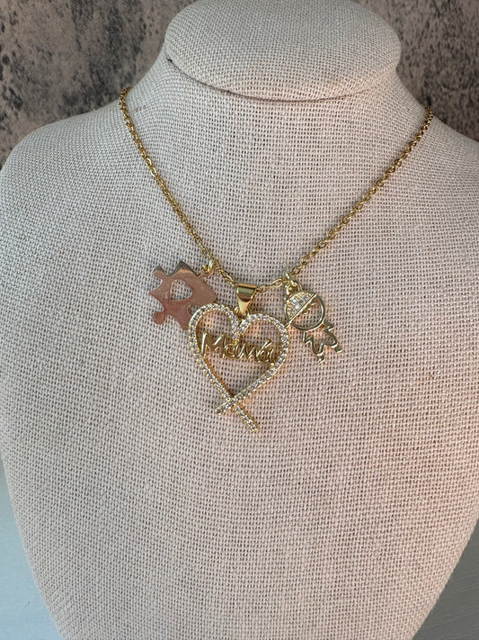 Autism mama heart custom gold laminated necklace